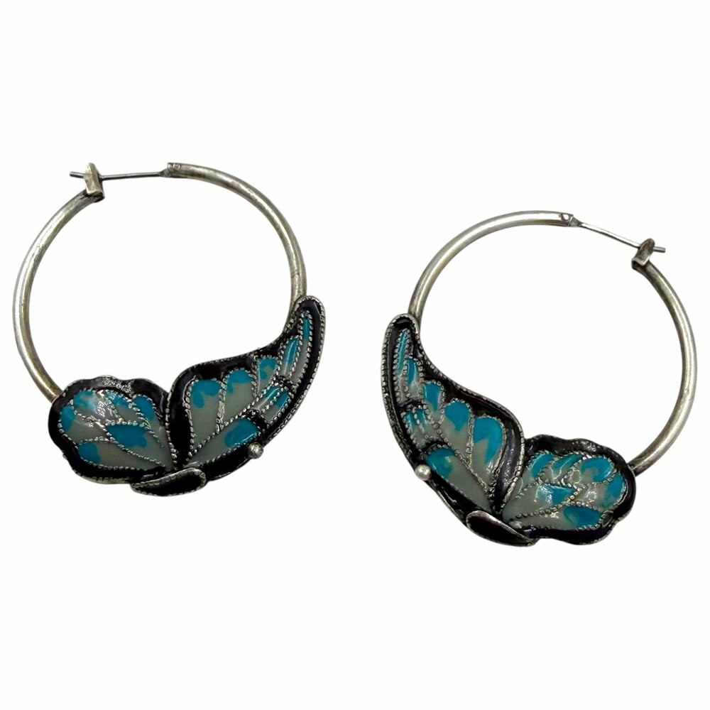 Vintage Sterling Silver Cloisonne Enamel Butterfly Hoop Earrings Blue Gray 1.5"